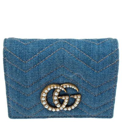 Pre-owned Gucci Blue Marmont Gg Denim Limited Edition Pearl Flap Wallet