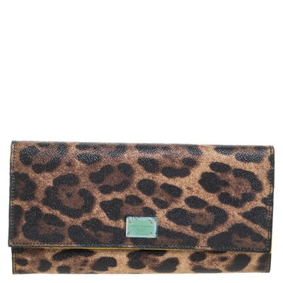 Pre-owned Dolce & Gabbana Brown Leopard Print Leather Dauphine Continental Wallet