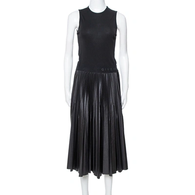 Pre-owned Givenchy Black Jersey Pleated Faux Leather Midi Dress S