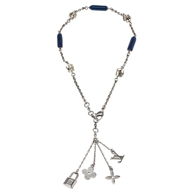 Pre-owned Louis Vuitton Vintage Bead Inclusion Resin Silver Tone Station Necklace In Multicolor