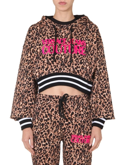 Versace Jeans Couture Hooded Cropped Sweatshirt With In Animalier