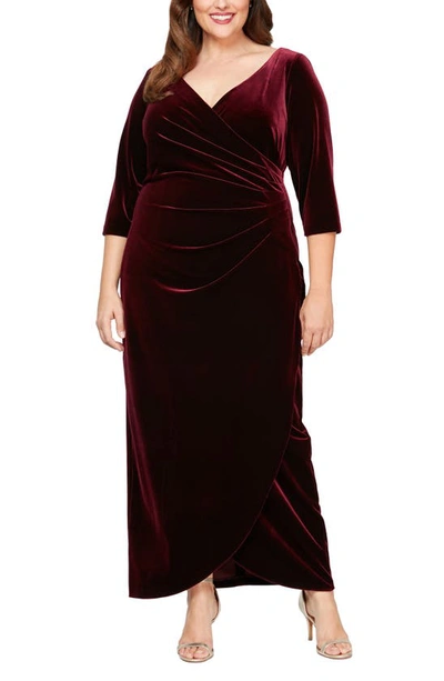 Alex Evenings Plus Size Velvet Surplice Dress With Tulip Overlay In Wine