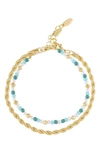 Ettika Set Of 2 Turquiose And Imitation Pearl Anklets In Gold