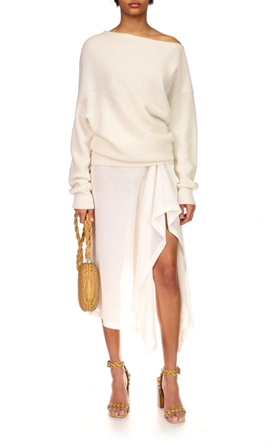 Michael Kors Off-the-shoulder Ribbed Cashmere And Linen-blend Sweater In White