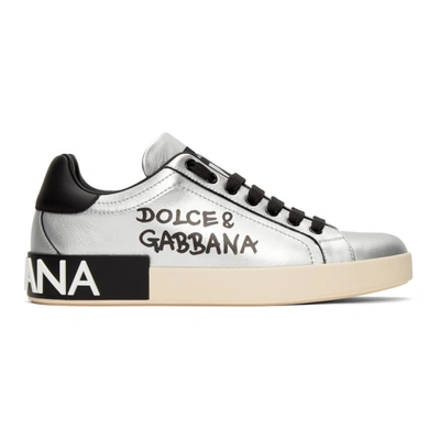 Dolce & Gabbana Silver & Black Writing Portofino Sneakers In Silver,black