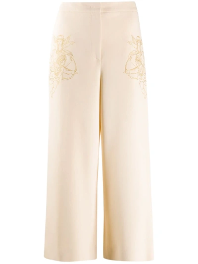 Moschino Embroidered Cupid Cropped Trousers In Neutrals