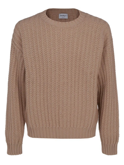 Ferragamo Wool Crewneck Sweater In Beige