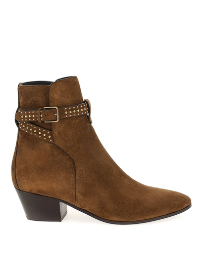 Saint Laurent Jodhpur West Ankle Boot In Brown Suede With Studs