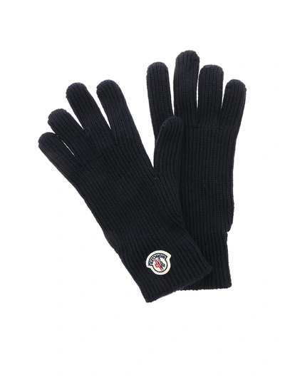 Moncler Logo Ribbed Gloves In Blue
