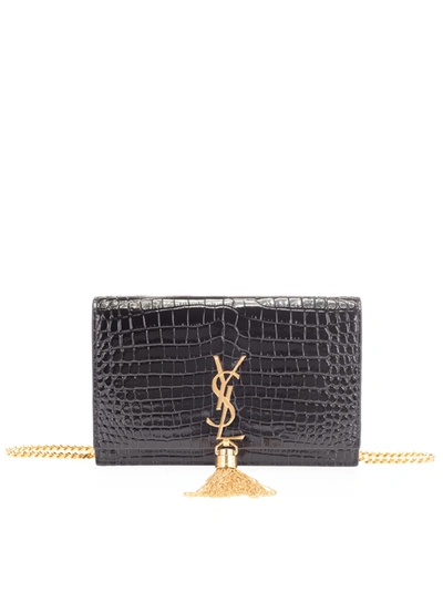 Saint Laurent Kate Croc Embossed Leather Chain Wallet In Black