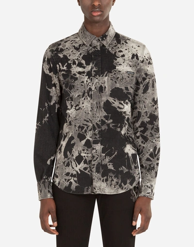 Dolce & Gabbana Marbled Black Stretch Denim Shirt