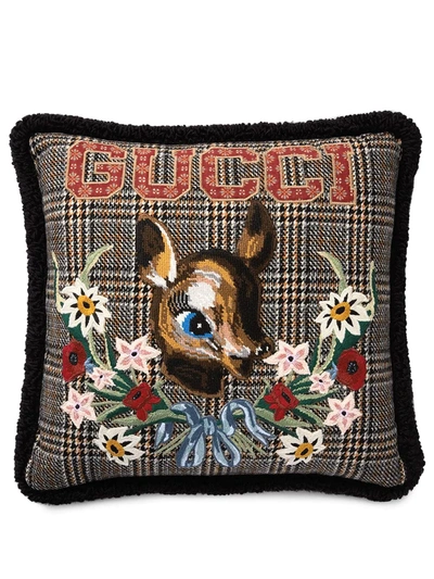 Gucci 小鹿斑比刺绣复古格纹抱枕 In Brown, Multicolor