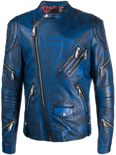 Philipp Plein Worn Effect Multi-zip Detail Jacket In Blue