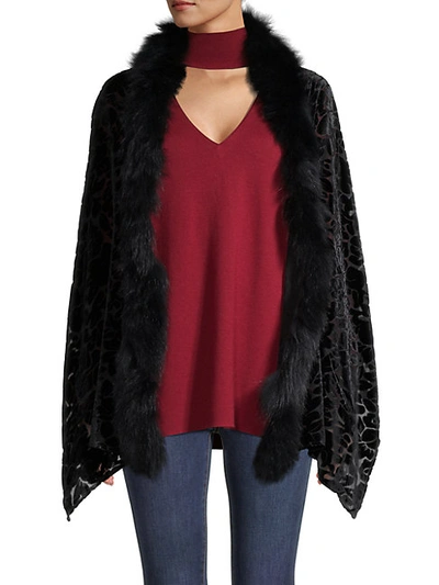 Adrienne Landau Fox Fur-trim Printed Silk Cape In Black