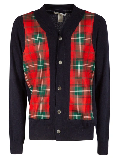 Comme Des Garçons Fully Fashioned Knit Cardigan W/wool Tartan Check Front In Navy