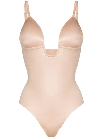 Spanx Suit Your Fancy Plunge Low Back Thong Bodysuit In Champagne Beige