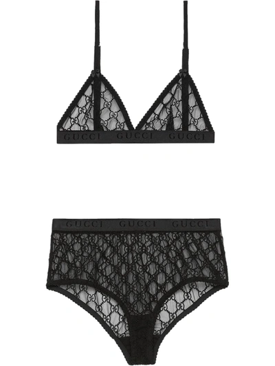 Gucci Gg Embroidered Sheer Tulle Underwear Set In Black