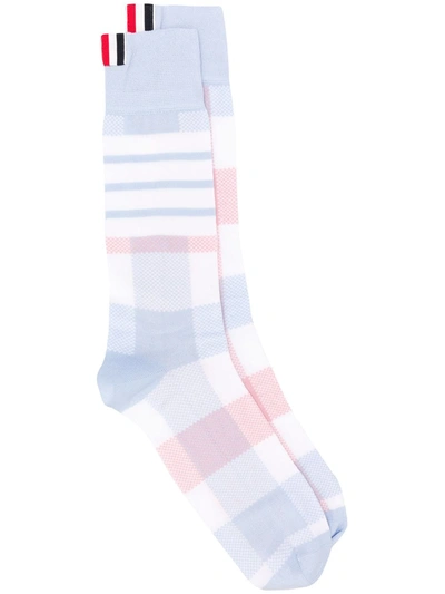 Thom Browne Buffalo Check Mid-calf 4-bar Socks In Blue