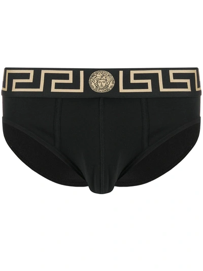 Versace Black Stretch Cotton Thong In Blackgoldgreekkey