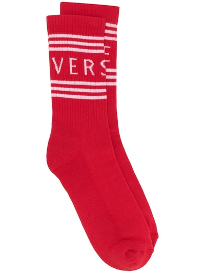 Versace Logo Stripe Socks In Red