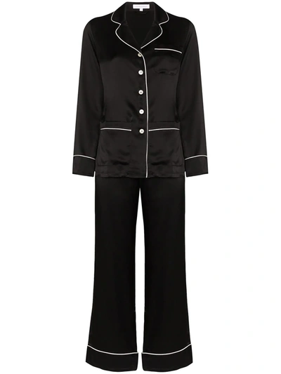 Olivia Von Halle Contrast Trim Silk Pajama Set In Schwarz