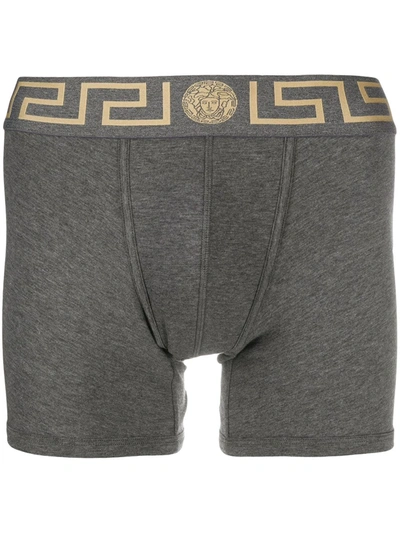 Versace Greca Border Long Boxer Trunks In Black