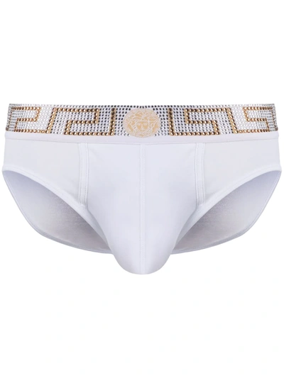 Versace Rhinestone Greca Border Briefs In White