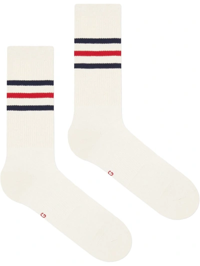 Gucci Logo Stripe Jacquard Cotton Blend Socks In White