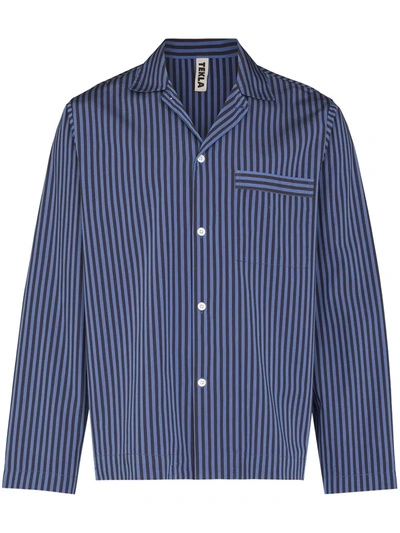 Tekla Camp-collar Striped Organic Cotton-poplin Pyjama Shirt In Blue