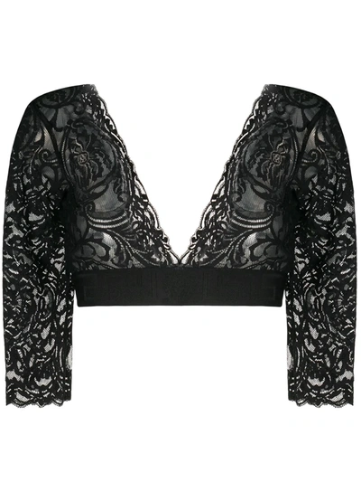 Versace Greek Lace V Neck Crop Top In Black