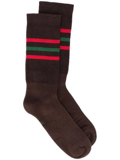 Gucci Knitted Striped Logo Socks In Brown