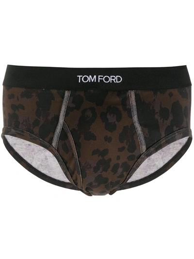 Tom Ford Leopard Print Stretch Cotton Briefs In Dark Brown