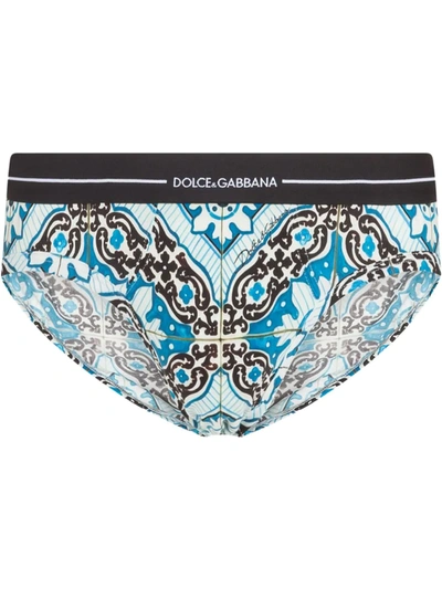 Dolce & Gabbana Cotton Brando Briefs With Maiolica Print On A Sky Blue Background