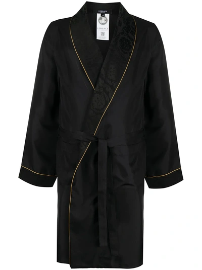 Versace Jacquard Silk Dressing Gown In Black