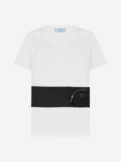 Prada Pouch-detail Cotton T-shirt In Bianco Nero