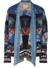 GREG LAUREN GEOMETRIC PRINT OPEN FRONT DENIM JACKET