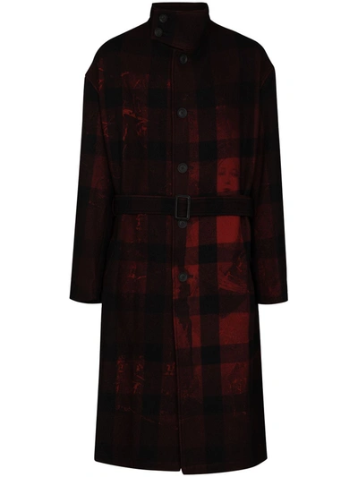 Yohji Yamamoto Check Portrait Print Belted Trench Coat In Red