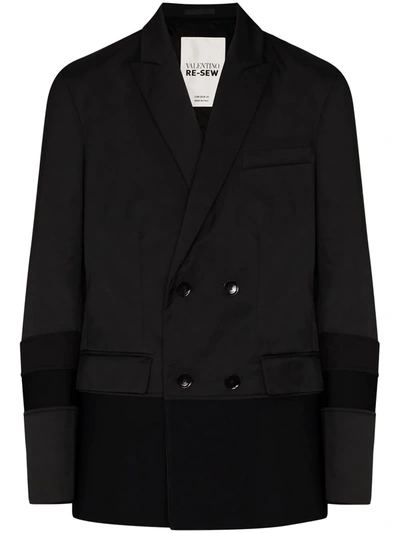 Valentino Bimaterial Double Breasted Nylon Jacket In Black