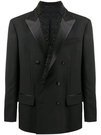 Versace Crystal-embellished Double-breasted Blazer In Black