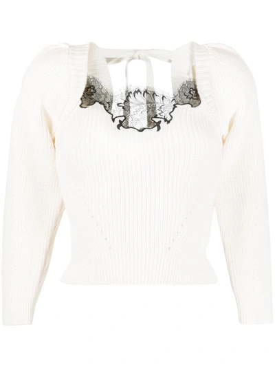 Self-portrait Knitted Jumper With Lace Neckline In Neutrals