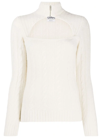 Ganni Ribbed Cable Knit Top In White