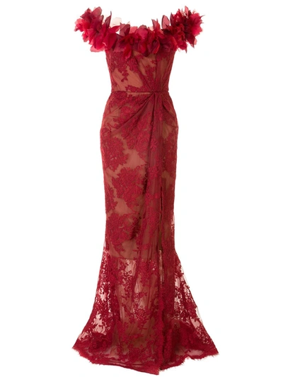 Marchesa Floral Off The Shoulder Lace Gown In Red
