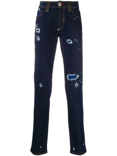 Philipp Plein Super Straight Skull-stitching Jeans In Blue