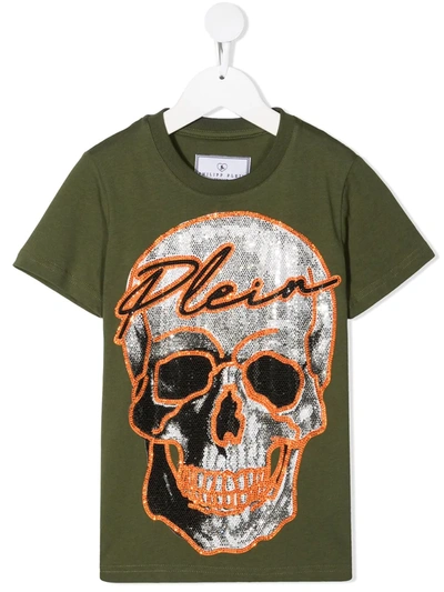 Philipp Plein Kids' Short-sleeved Rhinestone Skull T-shirt In Green
