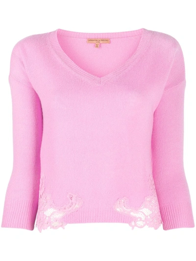 Ermanno Scervino Lace Detail V-neck Knit Jumper In Pink