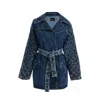 2be4a Blue Women's Stripe Patterned Belted Denim Jacket In Blue