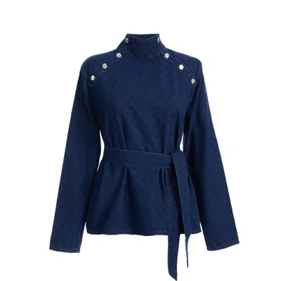 2be4a Blue Women's Turtleneck Checkered Denim Blouse