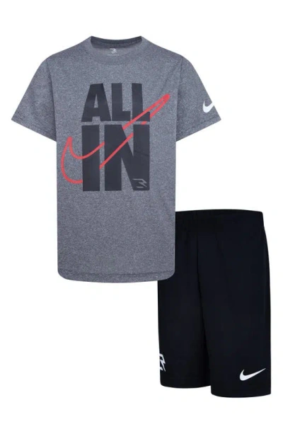 3 Brand Kids' Dri-fit All In Short Sleeve Shirt & Mesh Shorts Set In Carbon Heather