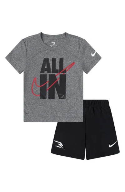 3 Brand Kids' Dri-fit All In Swoosh Logo T-shirt & Shorts Set In Carbon Heather