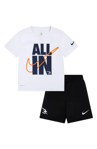 3 Brand Kids' Dri-fit All In Swoosh Logo T-shirt & Shorts Set In White